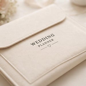 Carpeta organizadora para bodas, organizador personalizado de fieltro color crema con descarga digital para documentos A4.