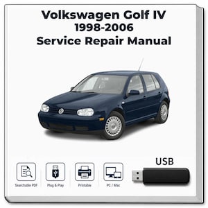Może przedstawiać: Instrukcja naprawy dla Volkswagen Golf IV 1998-2006 z ilustracją ciemnoniebieskiego samochodu. Okładka zawiera tekst, cztery ikony oznaczające przeszukiwalny plik PDF, plug and play, możliwość druku i kompatybilność PC/Mac oraz czarny pendrive.