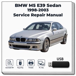 Op de afbeelding: Een reparatiehandleiding voor de BMW M5 E39 Sedan 1998-2003 met een zilveren sedan op de cover. De handleiding bevat een zwarte USB-stick en iconen die aangeven dat het een doorzoekbare PDF is, plug and play, printbaar en compatibel met PC en Mac.