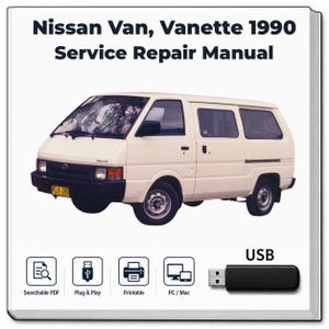Może przedstawiać: Instrukcja naprawy dla modelu Nissan Van Vanette z 1990 roku, zawierająca ilustrację białego vana, czarny dysk USB oraz ikony oznaczające przeszukiwalny plik PDF, Plug & Play, możliwość druku oraz kompatybilność z PC/Mac na białym tle.