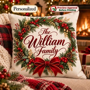 May include: A square throw pillow with a cream-colored background featuring a festive wreath of green pine branches, red berries, gold accents, and pinecones. A large red velvet bow sits at the bottom. The text reads The William Family.