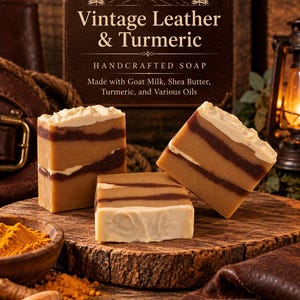 Jabón de cuero vintage y cúrcuma / Jabón de manteca de karité de leche de cabra / Pastilla de cúrcuma / Jabón artesanal rústico y masculino