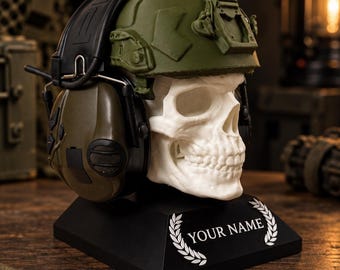 Supporto per cuffie personalizzato a forma di teschio tattico, supporto per cuffie con nome personalizzato a forma di elmetto militare, decorazione per scrivania da gamer, regalo per lui