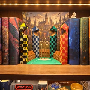 Harry Potter bokhörna, Quidditch bokhörna, Hogwarts-inspirerad bokhylla, Potterhead-presenter