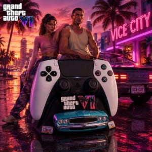 Peut inclure: Un support de manette de jeu vidéo blanc et noir arborant le logo Grand Theft Auto VI et un modèle réduit de voiture bleu sarcelle à la base, sur fond de coucher de soleil vibrant avec un homme et une femme appuyés sur une voiture à Vice City.
