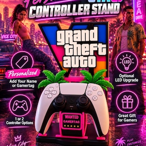 Soporte personalizado para mando de GTA 6, soporte para juegos con LED, soporte para mando de PS5 y Xbox inspirado en GTA 6, regalo personalizado para gamers (para 1 o 2 mandos).