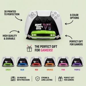May include: A white and black video game controller stand featuring a Grand Theft Auto VI logo and a miniature car model. The stand is available in six colors: green, blue, red, orange, pink, and purple. Text includes 3D PRINTED TO PERFECTION, 6 COLOR OPTIONS, HIGH QUALITY & DURABLE, and THE PERFECT GIFT FOR GAMERS.