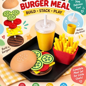 May include: A toy stackable burger meal set featuring a black tray, a yellow drink cup with a white straw, a red container of yellow french fries, and burger components including a bun, cucumber slices, tomato slices, cheese, and a patty.