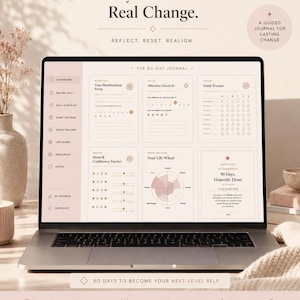 May include: A laptop screen displaying a 90-day self-growth journal with sections for habit tracking, mood tracking, and a life wheel. The interface features a soft pink colour palette with organised navigation menus and a certificate of completion.