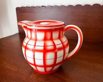 Vintage 1930s ERPHILA Creamer | Red Airbrushed Plaid Glazed Ceramic with Lid