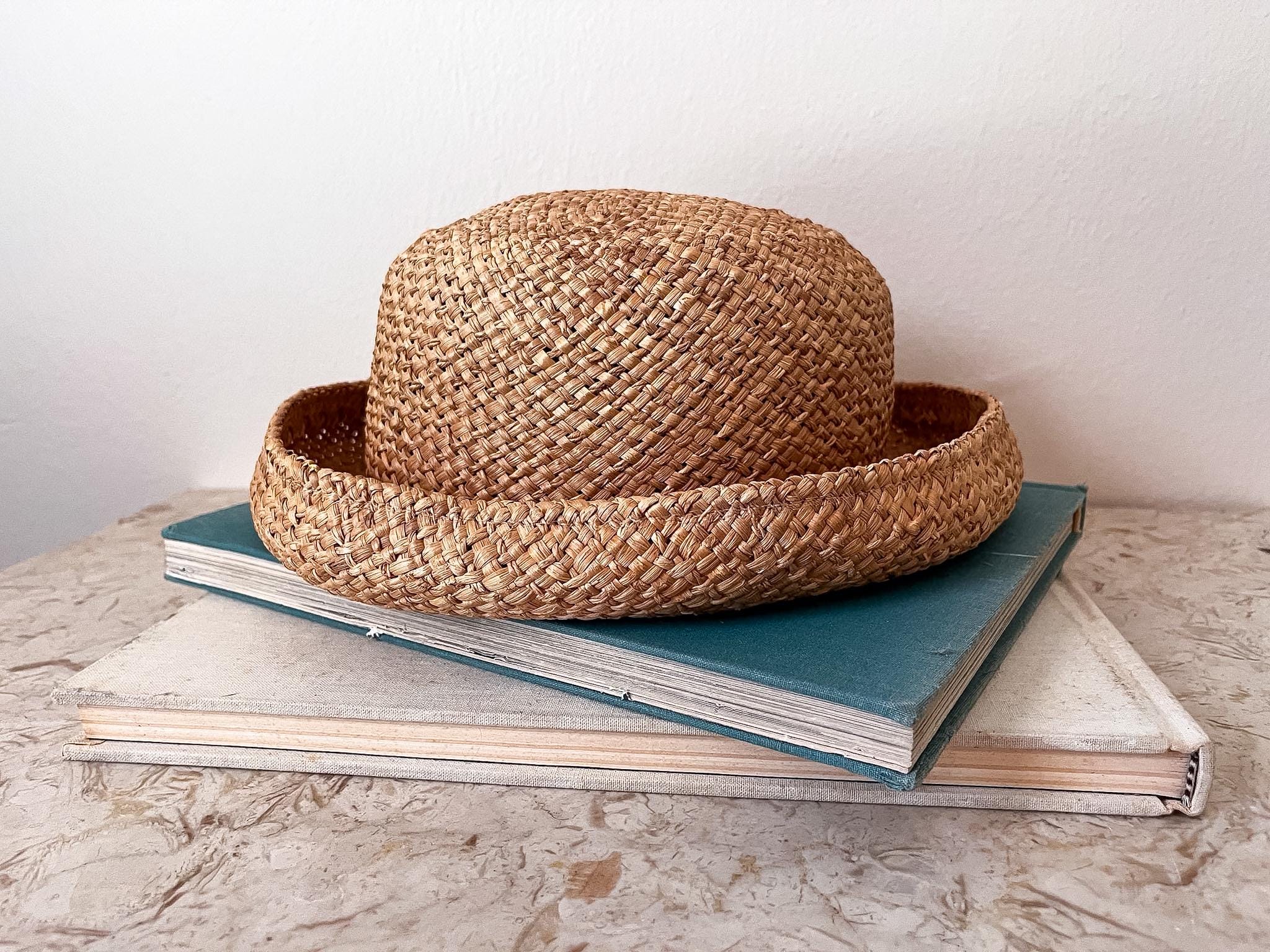 Vintage 1990s Handwoven Straw Bowler Hat Cottagecore Style
