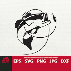 Può includere: Silhouette in bianco e nero di un pesce persico che salta fuori dall'acqua con un amo in bocca. Il pesce salta in cerchio e l'amo è attaccato a una lenza da pesca.