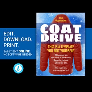 Folheto EDITÁVEL COAT DRIVE para arrecadação de fundos jaqueta de caridade de inverno evento anúncio cartaz panfleto convite para impressão modelo de cartão postal templett
