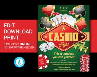 Folleto EDITABLE DE NOCHE DE CASINO para recaudación de fondos folleto de casino juegos de azar anuncio de póquer cartel folleto invitación imprimible postal templett