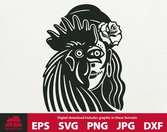 Maman Brigitte Voodoo Woman svg z kogutem svg voodoo tatuaż voodoo svg voodoo woman svg voodoo rooster svg eps jpg png dxf plik do cięcia