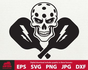 Pickleball Skull and Paddles svg clipart arquivo de corte presente engraçado para jogador de pickleball amante camiseta caneca copo sacola design de chapéu de beisebol