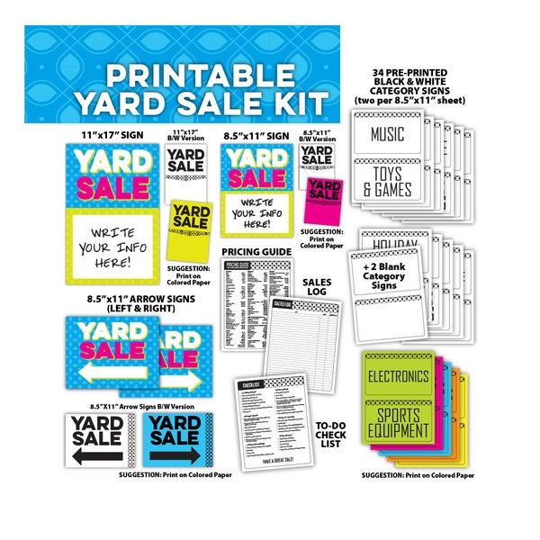 Yard Sale Sign Kit Bundle Tag Sale Sign Garage Sale Sign estate sale sign rummage sale sign printable poster template DIY digital download