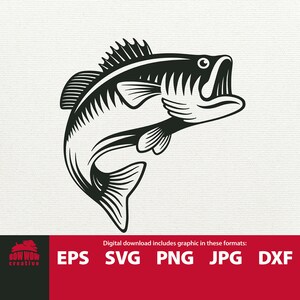May include: Black and white silhouette of a bass fish jumping out of the water with its mouth open. The fish is detailed with fins and scales.