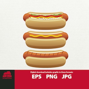 Hot Dog in bun vector and raster illustration clipart clip art realistic hotdog mustard ketchup onions and pickle relish grilled eps png jpg