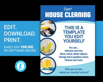 EDITABLE House Cleaning service business flyer janitor maid service for homes commercial residential ad poster printable template templett