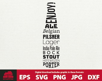 Beer SVG varieties of beer in shape of bottle printable wall decor clipart cut file typography gift for craft beer lover shirt pint glass