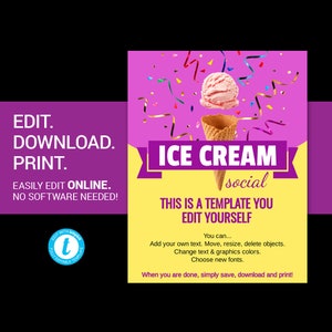 EDITABLE Ice Cream Social flyer charity fundraiser poster invite invitation announcement ad for church school organization template templett