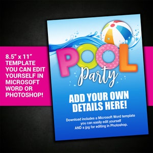BEARBEITBARE POOL PARTY Einladung Vorlage Pool Party Flyer Pool Party Einladung druckbare Einladung Poster Geburtstag Pool Party Sommerparty
