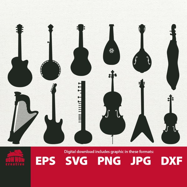 String Instrument svg bundle guitar violin cello banjo mandolin harp tampuri lute dulcimer digital vector clip art svg eps png jpg music svg