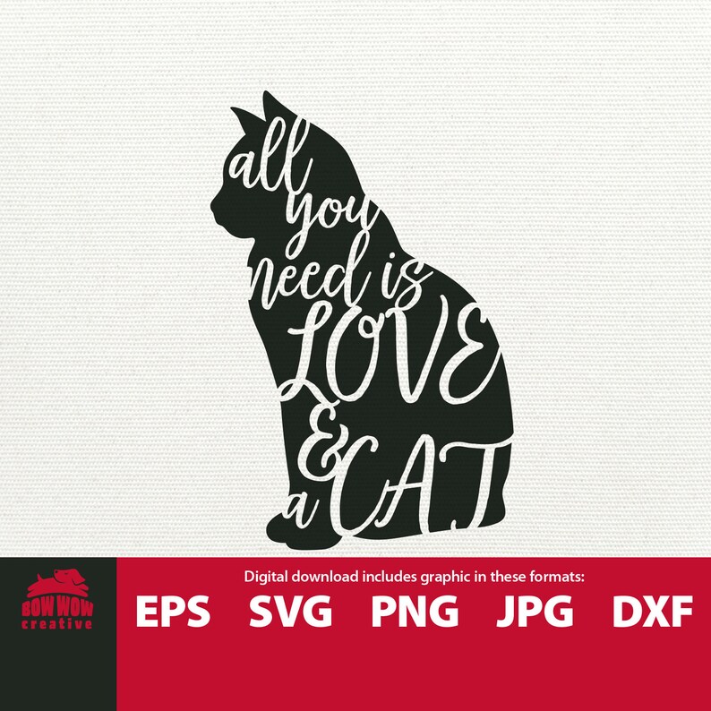 Pu&ograve; includere: Silhouette nera di un gatto con il testo "all you need is LOVE & a CAT" all'interno della silhouette.