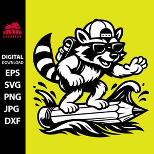 May include: Black and white illustration of a raccoon wearing sunglasses and a backpack, surfing on a pencil-shaped wave. The raccoon is smiling and waving. The background is yellow, and the image includes the text "DIGITAL DOWNLOAD" and file type options.