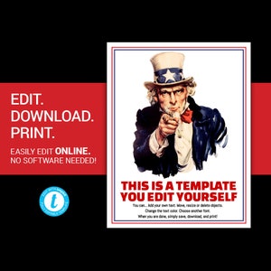 EDITABLE Uncle Sam poster uncle sam flyer Uncle Sam I Want You Poster Independence Day flyer July 4th flyer poster printable templett