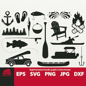 May include: Black and white silhouette clip art set of lake and camping themed icons.  The set includes a fishing rod, a fish, a canoe, a truck, a campfire, a chair, a paddle, a life preserver, a pair of flip flops, an anchor, a lure, and a fishing hook.