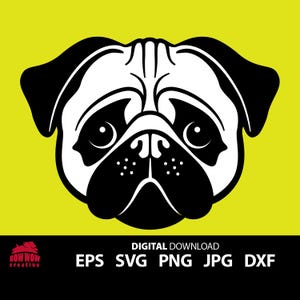 Pug SVG | Cute Pug Face Clipart | Dog Breed Vector | Pug Dog Digital Download | eps png jpg dxf | Cricut Silhouette Cut File black and white