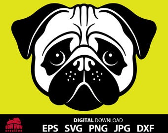 Mops SVG | Uroczy obrazek z twarzą mopsa | Wektor rasy psa | Cyfrowe pobieranie mopsa | eps png jpg dxf | Plik Cricut Silhouette Cut w czerni i bieli