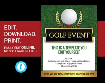 EDYTOWALNY Ulotka wydarzenia turnieju golfowego, zbiórka funduszy na cele charytatywne, plakat reklamowy, szablon reklamy, zaproszenie, klub golfowy, szablon