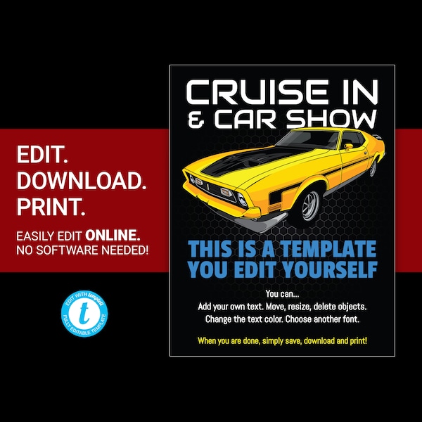 EDITABLE Cruise In Car Show flyer classic car meet up event poster vintage car advertisement template auto show fundraiser flyer templett