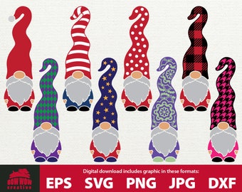 Pakiet Gnome SVG pliki do kolorowego cięcia i clipart - czapki w paski gwiazdy kropki święty mikołaj pepitka krata bawoła wzory mandali