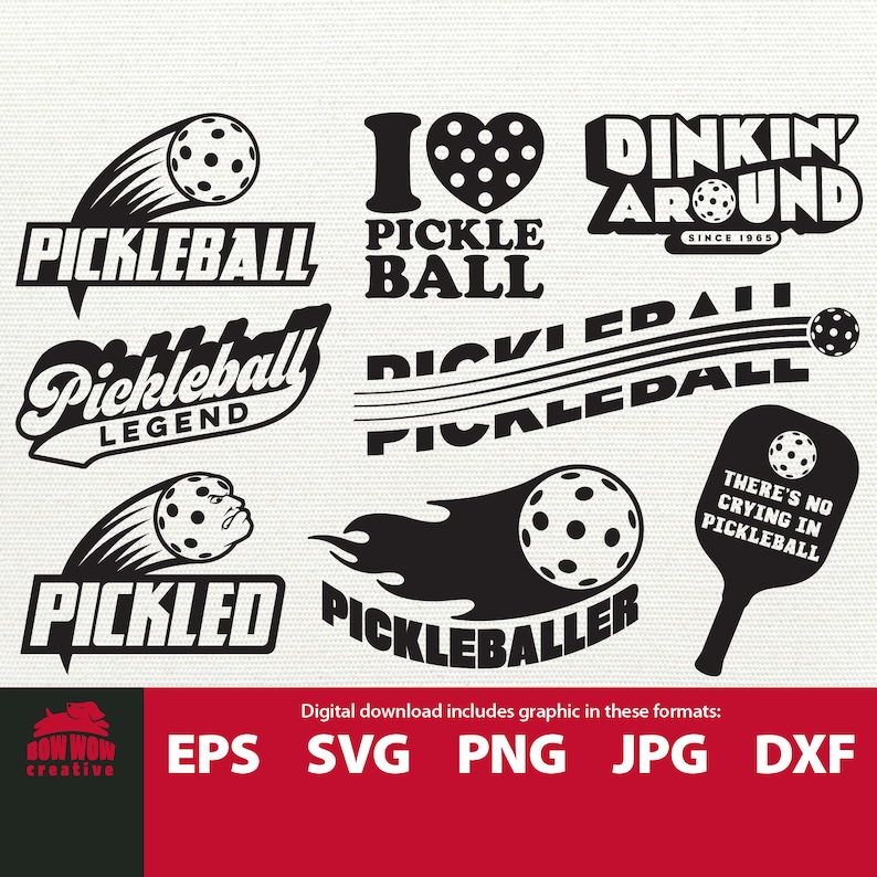May include: Black and white vector graphics of pickleball designs. The designs include a pickleball with a flame, a pickleball with a heart, a pickleball with a paddle, and a pickleball with the text "Pickleball Legend".