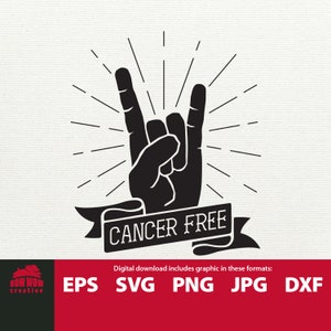K&ouml;nnte beinhalten: Schwarzwei&szlig;es Grafikdesign einer Hand, die die Rock'n'Roll-Handgeste macht, mit einem Banner, auf dem "Krebsfrei" steht.