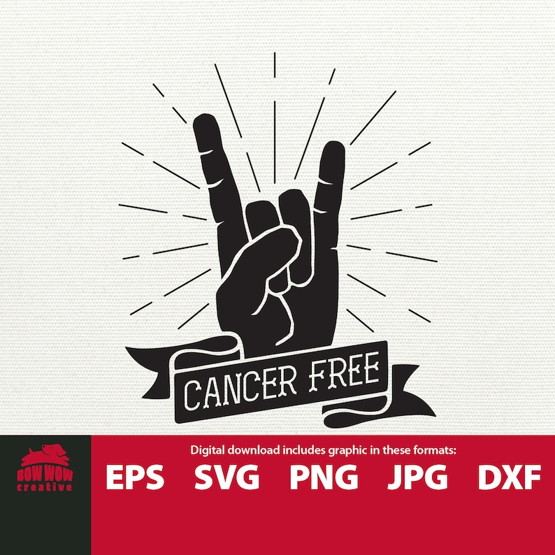 K&ouml;nnte beinhalten: Schwarzwei&szlig;es Grafikdesign einer Hand, die die Rock'n'Roll-Handgeste macht, mit einem Banner, auf dem "Krebsfrei" steht.