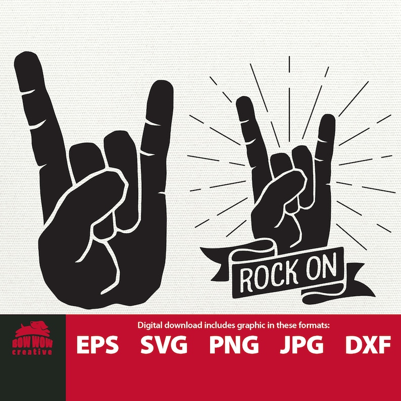May include: Black and white illustration of a hand making the rock and roll hand gesture. The hand is surrounded by a burst of light rays. A banner with the text "ROCK ON" is below the hand.