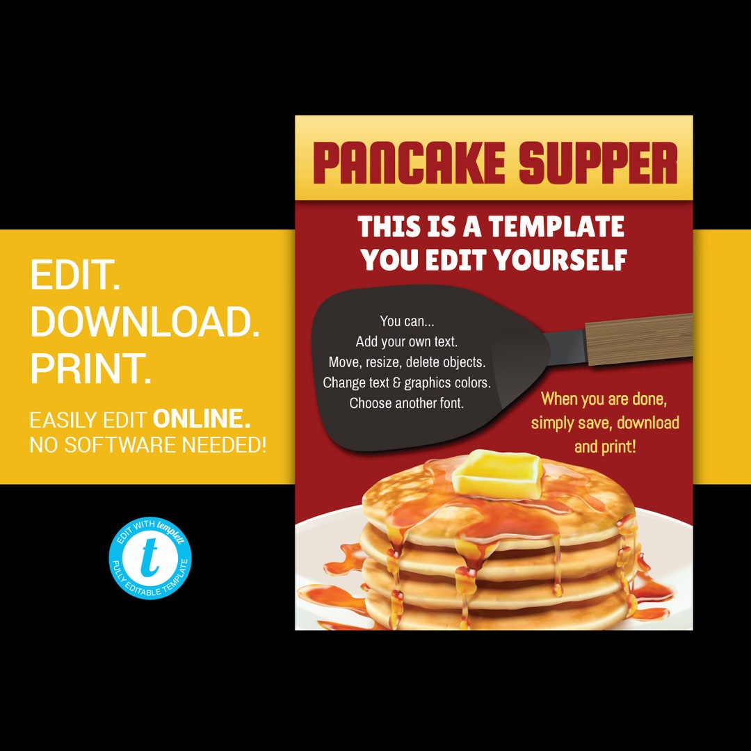 EDITABLE Pancake Supper or Breakfast Fundraiser Flyer Church Charity Event Ad Poster Flyer