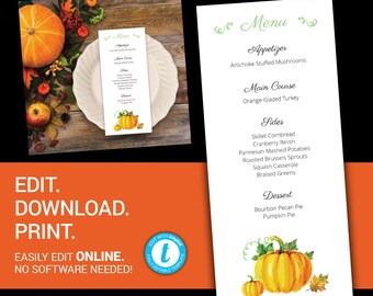 EDITABLE Thanksgiving menu fall menu editable menu printable menu thanksgiving dinner editable menu template thanksgiving meal templett