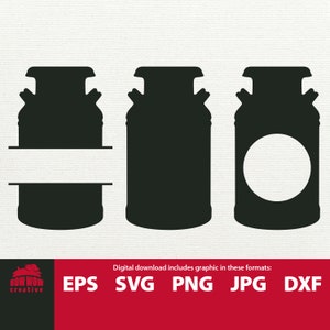 Op de afbeelding: Zwarte silhouetgraphics van vintage melkbussen in verschillende ontwerpen. Eén bus heeft een leeg vak voor personalisatie. De afbeelding bevat de tekst "Digital download includes graphic in these formats: EPS SVG PNG JPG DXF."
