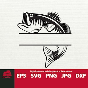May include: Black and white silhouette of a bass fish with its mouth open, split in half horizontally to allow for text to be added. The image is suitable for use as a monogram or personalized design.