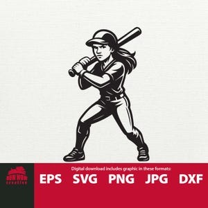 Softball kobieta dziewczyna z kijem svg plik do cięcia softball clipart żeńska zawodniczka trzymająca kij baseballowy gotowa do zamachu twarda maskotka drużyny