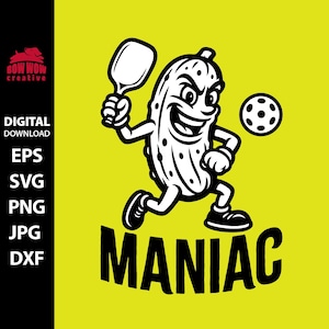 Divertente maniaco del pickleball in formato SVG, clipart, file di taglio, regalo per gli amanti del pickleball, design retrò vintage di un uomo con la pagaia in formato PNG.