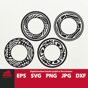 May include: Four black and white geometric circle frames with a blank center. The frames are in a square arrangement. The text "Digital download includes graphic in these formats: EPS SVG PNG JPG DXF" is at the bottom of the image.