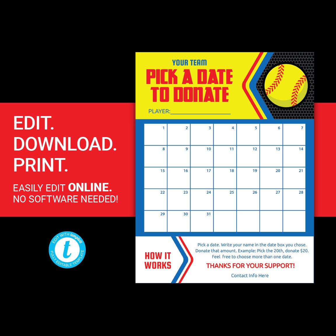 EDITABLE Softball Pick a Date to Donate team flyer for -  Portugal