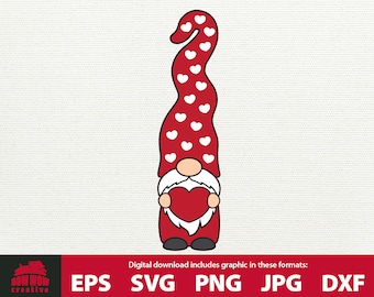 Walentynkowy Gnom SVG trzymający serce z sercami na kapeluszu prezent dla miłośnika gnomów serce gnom miłość gnom clipart svg plik do cięcia